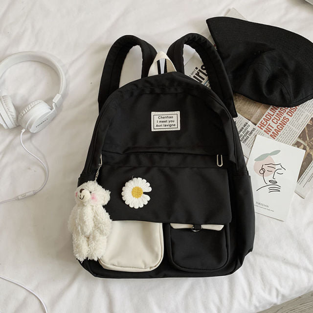 Kylethomasw  Girls School Bags for Teenagers Student Backpack Women Nylon Soft Patchwork Bookbag Teen Panelled Flowers Casual Schoolbag Black