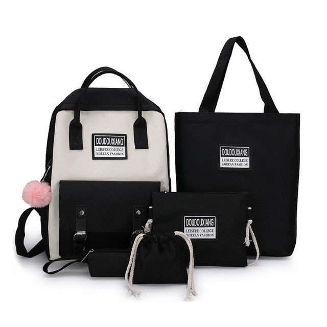 Plush Pendant School Bag Five Piece Backpack Large Capacity Backpack For Teenagers Backpack School Boy Girl kids Canvas Bag B322
