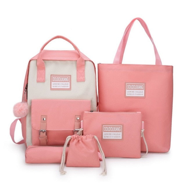 Plush Pendant School Bag Five Piece Backpack Large Capacity Backpack For Teenagers Backpack School Boy Girl kids Canvas Bag B322