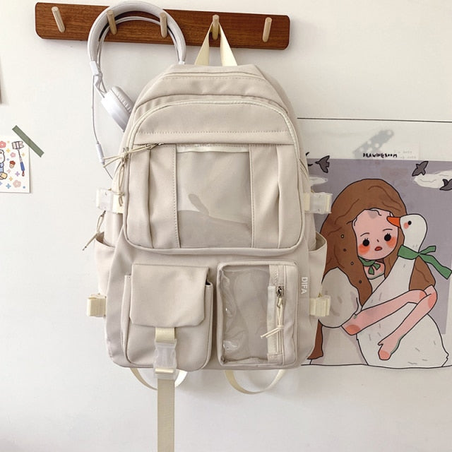 DIFA New Waterproof Nylon Women Backpack Female Multi-pocket Travel Bag College Schoolbag Transparent Pocket Laptop Backpack