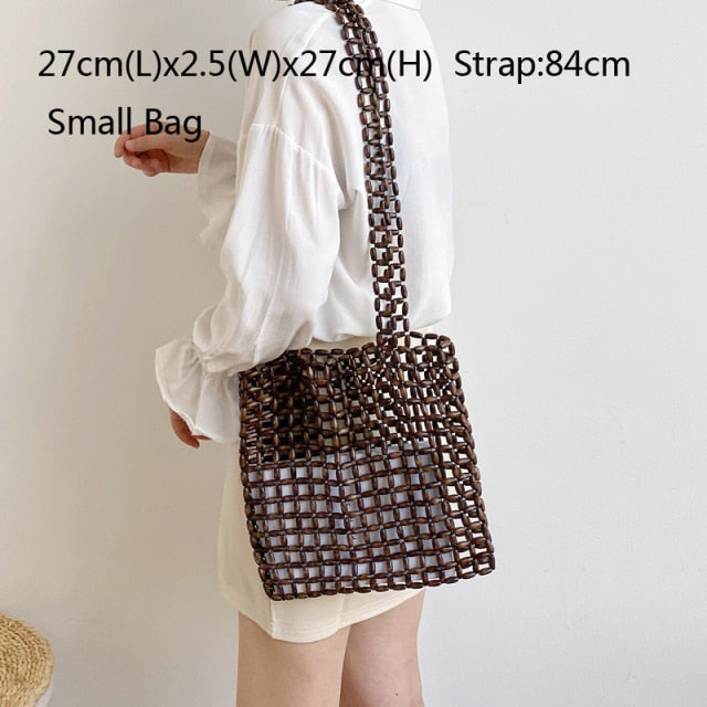 Small Women's Bag Hand Knitting Wooden Beaded Handbags Hollow Out Ladies Shoulder Bag Personalized Crossbody Bag