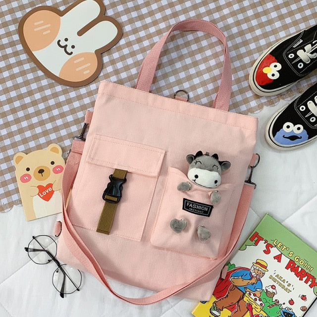 Women New Cute Bear Cartoon Canvas Bag Female Fashion Cool Girl Student School Shoulder Crossbody Messenger Bag Satchels