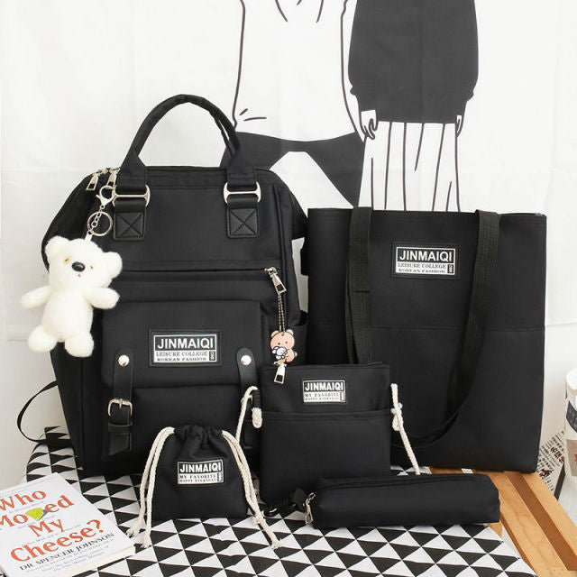 5Pcs set Women Backpack Canvas Waterproof School Bags For Teenage Girls Kawaii Doll Student Shoulder Bag New Female Backpack