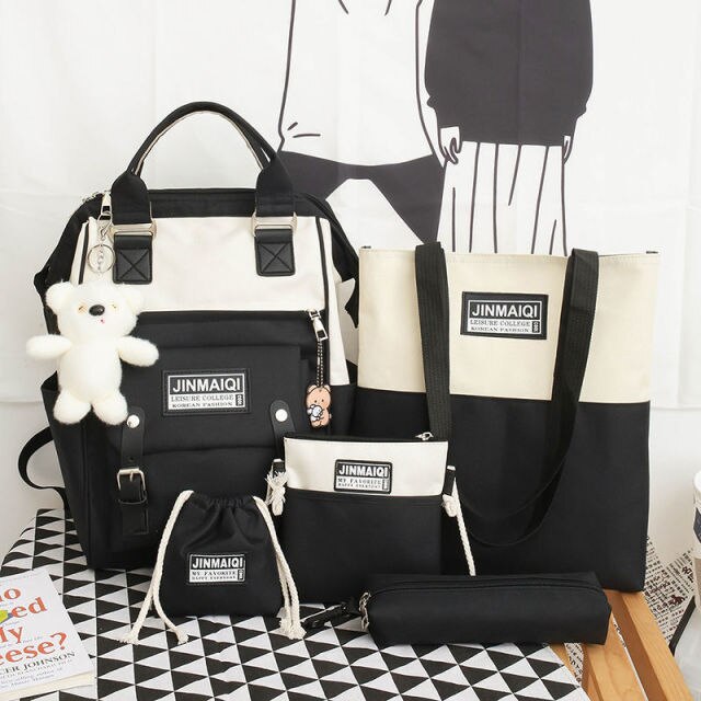 5Pcs set Women Backpack Canvas Waterproof School Bags For Teenage Girls Kawaii Doll Student Shoulder Bag New Female Backpack