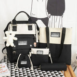 5Pcs set Women Backpack Canvas Waterproof School Bags For Teenage Girls Kawaii Doll Student Shoulder Bag New Female Backpack
