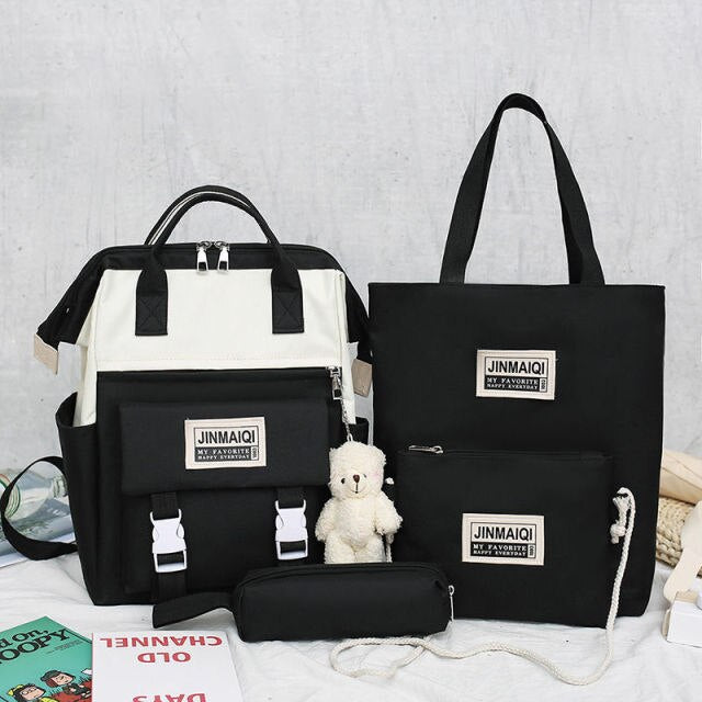 5Pcs set Women Backpack Canvas Waterproof School Bags For Teenage Girls Kawaii Doll Student Shoulder Bag New Female Backpack