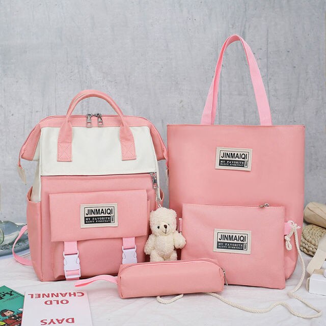 5Pcs set Women Backpack Canvas Waterproof School Bags For Teenage Girls Kawaii Doll Student Shoulder Bag New Female Backpack