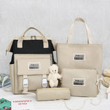 5Pcs set Women Backpack Canvas Waterproof School Bags For Teenage Girls Kawaii Doll Student Shoulder Bag New Female Backpack