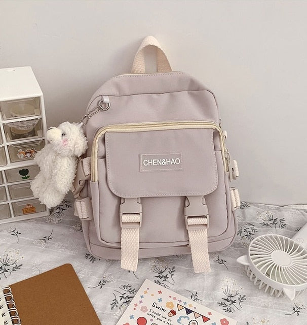 Kylethomasw korean style small mini backpack for women school small bag mochila Multi pocket Girl Ring Buckle portable bear women's backpack