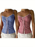 KYLETHOMASW  -  Women'S Lace Trim Camisole Fitted Plaid Sweetheart Neck Button Spaghetti Strap Crop Tops for Summer