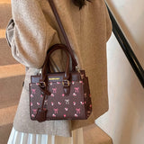 KYLETHOMASW  -  [Elegant Style] Hellons Woz Cherry Pattern Handbag & Crossbody Bag for Women - Brown with Pink Flowers & Ribbon Accents, Detachable Strap, Zipper Closure