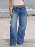 KYLETHOMASW  -  Ladies' Loose Denim Pants, Mid Waist Casual Straight Leg Pants, Convenient Machine Wash, With Pockets