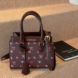 KYLETHOMASW  -  [Elegant Style] Hellons Woz Cherry Pattern Handbag & Crossbody Bag for Women - Brown with Pink Flowers & Ribbon Accents, Detachable Strap, Zipper Closure