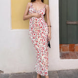 KYLETHOMASW  -  Vacation Vintage Strawberry Print Ruffle Slip Maxi Dress For Women French Beach Holiday Date Valentine Day Spring Summer