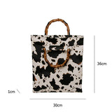 Kylethomasw Women Fashion Trend Retro Design Cow Pattern Natural Bamboo Handle Handbag Large Capacity PU Female Bucket Bag Casual Tote Purse