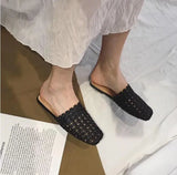 KYLETHOMASW  -  Shoes Slippers Soft Slides Slipers Women Cover Toe Low Loafers Fretwork Heels Comfort 2025 Flat Basic Fabric Rubber Cane PU