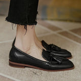 KYLETHOMASW  -  Retro Tassel bow-knot small leather shoes women loafers square toe low heels oxfords woman ins genuine leather fringe flats