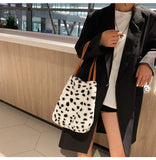 KIylethomasw Winter Women Tote Bag Plush Fluffy Leopard Grain Pattern Shoulder Bag Corduroy for Shopping