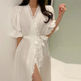 KYLETHOMASW  -  White Blue Ruffles Summer Nightgown Elegant Long Sleepwear Sweet Cotton Home Clothes Cardigans Lace Up Puff Sleeve L611