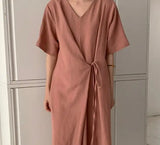 KYLETHOMASW  -  Women Summer Beige Cotton and Linen V Neck Lacing Up Long Loose Dress Straight Cozy Casual Midi Sundress