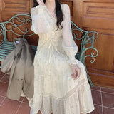KYLETHOMASW  -  Women Sexy Floral Lace Dress Chiffon Gentle Korean French V-Neck Retro Niche Dresses Temperamen Spring Autumn Fashion Midi Dress