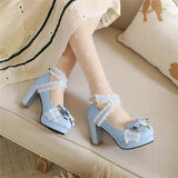 KYLETHOMASW  -  Woman Lolita Style Ankle Strap Shoes Platform Block High Heels Pumps Round Toe Bow Buckle Lady Footwear Spring 46 Blue