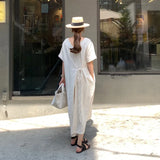 KYLETHOMASW  -  Women Summer Beige Cotton and Linen V Neck Lacing Up Long Loose Dress Straight Cozy Casual Midi Sundress