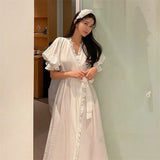 KYLETHOMASW  -  White Blue Ruffles Summer Nightgown Elegant Long Sleepwear Sweet Cotton Home Clothes Cardigans Lace Up Puff Sleeve L611