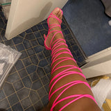 KYLETHOMASW  -  New Women Gladiator Knee High Sandals Open Toe Lace Up Cross Strappy Sandals Women High Heels Fashion Sexy Shoes