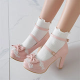 KYLETHOMASW  -   Woman Lolita Style Buckle Shoes Platform Block High Heels Pumps Bow Round Toe Ankle Strap Lady Pumps Spring 34-43 Pink