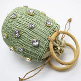 Kylethomasw Summer Round Rattan Handmade diamond Pearl Bag Bohemian Straw Bag Bucket Knitting Shoulder Crossbody Bead Beach Bag Holiday Tote