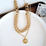 Kylethomasw Retro Portrait Exaggerated Thick Chain Necklace Double Layer Cool Chain Hip Hop Necklace Short Clavicle Chain