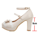 KYLETHOMASW  -   Woman Lolita Style Buckle Shoes Platform Block High Heels Pumps Bow Round Toe Ankle Strap Lady Pumps Spring 34-43 Pink