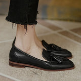 KYLETHOMASW  -  Retro Tassel bow-knot small leather shoes women loafers square toe low heels oxfords woman ins genuine leather fringe flats