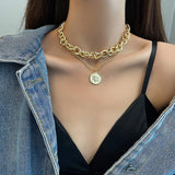 Kylethomasw Retro Portrait Exaggerated Thick Chain Necklace Double Layer Cool Chain Hip Hop Necklace Short Clavicle Chain