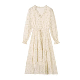 KYLETHOMASW  -  Women Sexy Floral Lace Dress Chiffon Gentle Korean French V-Neck Retro Niche Dresses Temperamen Spring Autumn Fashion Midi Dress