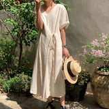 KYLETHOMASW  -  Women Summer Beige Cotton and Linen V Neck Lacing Up Long Loose Dress Straight Cozy Casual Midi Sundress