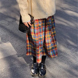 KYLETHOMASW  -  Japanese Rainbow High Waist A-Line Wool Plaid Skirt Female Students Preppy Style Wild Midi Skirt Women Autumn Long Skirt