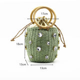 Kylethomasw Summer Round Rattan Handmade diamond Pearl Bag Bohemian Straw Bag Bucket Knitting Shoulder Crossbody Bead Beach Bag Holiday Tote