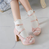 KYLETHOMASW  -   Woman Lolita Style Buckle Shoes Platform Block High Heels Pumps Bow Round Toe Ankle Strap Lady Pumps Spring 34-43 Pink