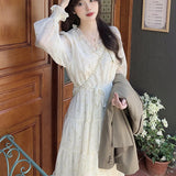 KYLETHOMASW  -  Women Sexy Floral Lace Dress Chiffon Gentle Korean French V-Neck Retro Niche Dresses Temperamen Spring Autumn Fashion Midi Dress