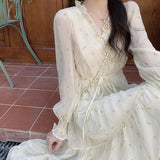KYLETHOMASW  -  Women Sexy Floral Lace Dress Chiffon Gentle Korean French V-Neck Retro Niche Dresses Temperamen Spring Autumn Fashion Midi Dress