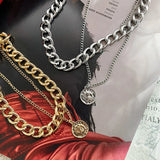 Kylethomasw Retro Portrait Exaggerated Thick Chain Necklace Double Layer Cool Chain Hip Hop Necklace Short Clavicle Chain