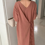 KYLETHOMASW  -  Women Summer Beige Cotton and Linen V Neck Lacing Up Long Loose Dress Straight Cozy Casual Midi Sundress