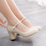 Kylethomasw Crystal Queen Platform High Heels Mary Janes White Lolita Women Style Vintage Pumps Party Beige Pearl Wedding Shoes 7CM