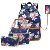 KIylethomasw Printing Female Backpack Usb Port for School Bags for Teenage Girls Ladies Rucksack Women Backpack Set for Lunch Tote Bag