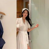 KYLETHOMASW  -  White Blue Ruffles Summer Nightgown Elegant Long Sleepwear Sweet Cotton Home Clothes Cardigans Lace Up Puff Sleeve L611