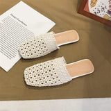 KYLETHOMASW  -  Shoes Slippers Soft Slides Slipers Women Cover Toe Low Loafers Fretwork Heels Comfort 2025 Flat Basic Fabric Rubber Cane PU