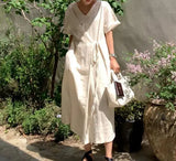 KYLETHOMASW  -  Women Summer Beige Cotton and Linen V Neck Lacing Up Long Loose Dress Straight Cozy Casual Midi Sundress