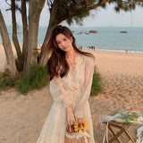 KYLETHOMASW  -  V-neck Elegant Sweet Dress Women Long Sleeve Chiffon Floral Dress Party Beach Dress for Females Korean Style 2021 Summer Chic